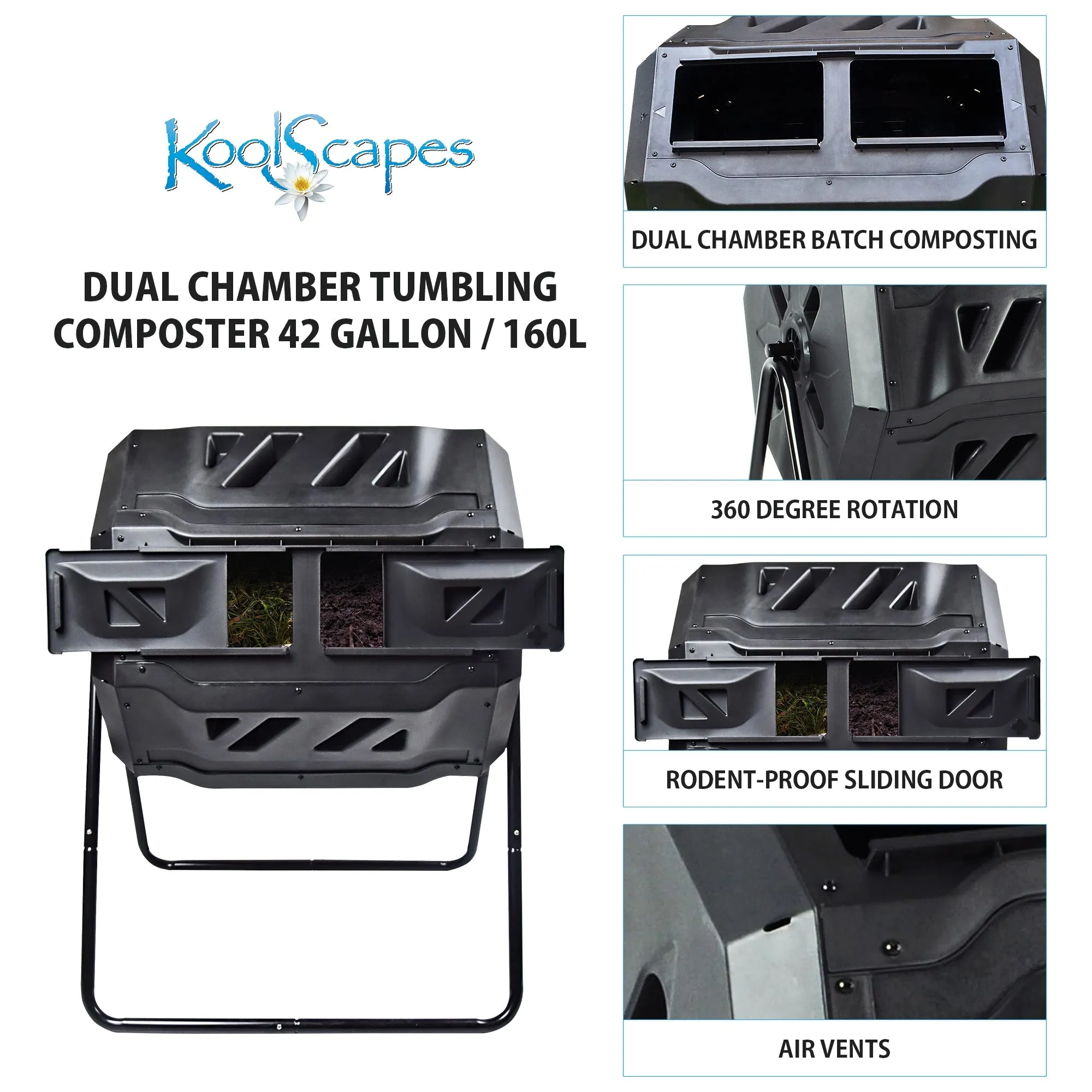 Koolscapes Dual Chamber Tumbling Composter 42 Gal (160L) Black Rotating Outdoor Compost Bin, Double Chamber Rotary Composter, Recycled Plastic With Steel Frame for Backyard and Vegetable Garden