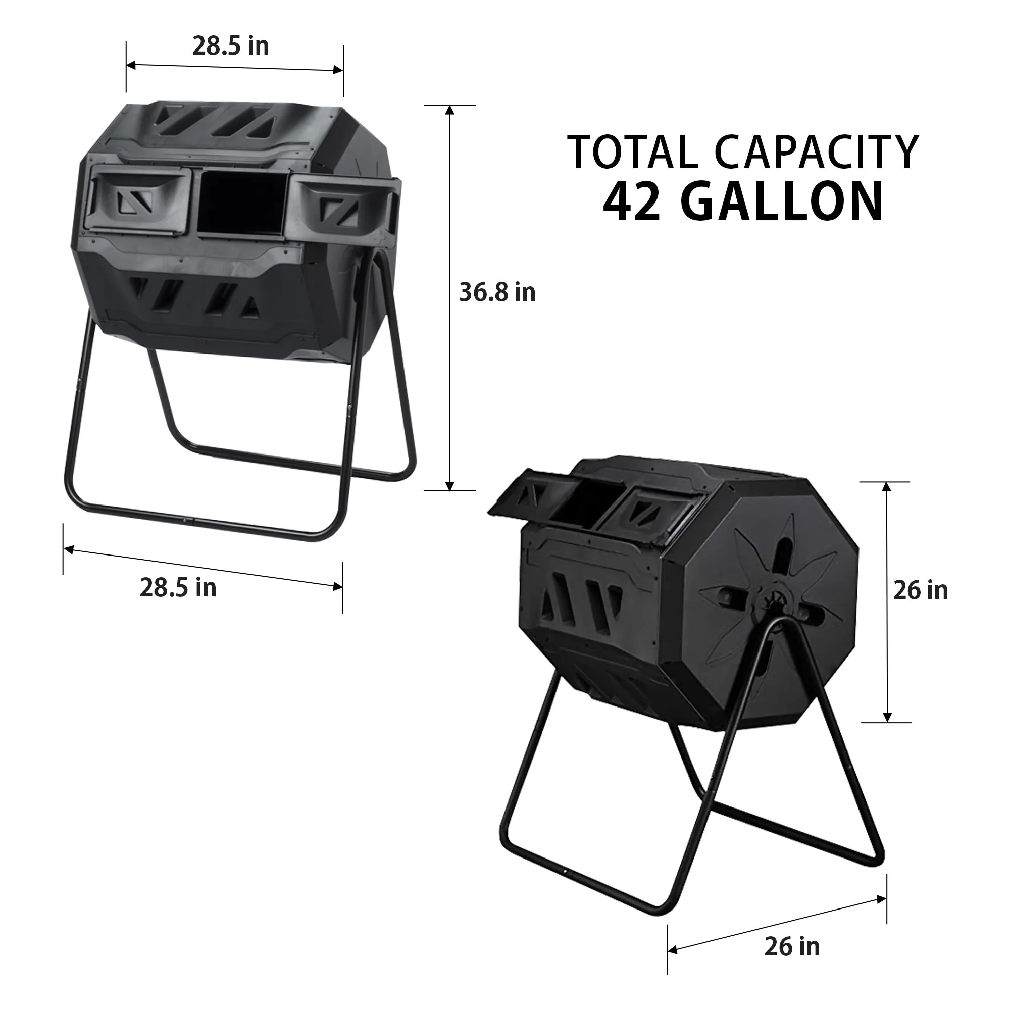 Koolscapes Dual Chamber Tumbling Composter 42 Gal (160L) Black Rotating Outdoor Compost Bin, Double Chamber Rotary Composter, Recycled Plastic With Steel Frame for Backyard and Vegetable Garden