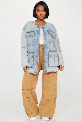 Left The Chat Quilted Denim Jacket - Light Wash