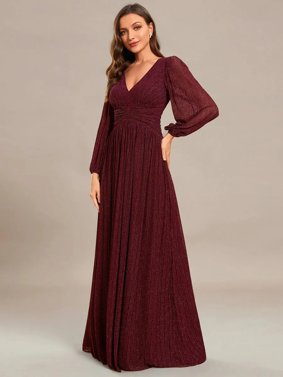 Maxi Long Chiffon Waist V Neck Evening Dress with Long Sleeves