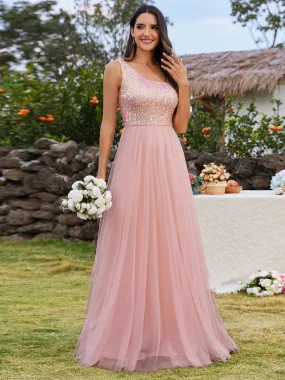 Maxi Long Sequin One Shoulder Tulle Bridesmaid Dress