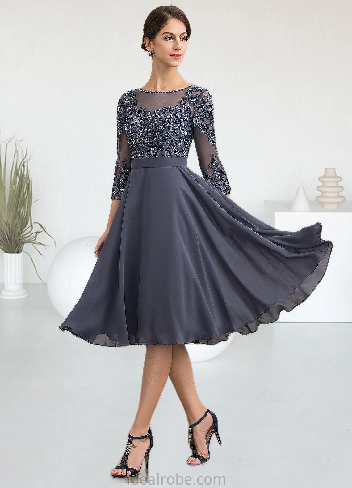 Melinda A-Line Scoop Neck Knee-Length Chiffon Lace Mother of the Bride Dress With Beading Sequins STK126P0014861