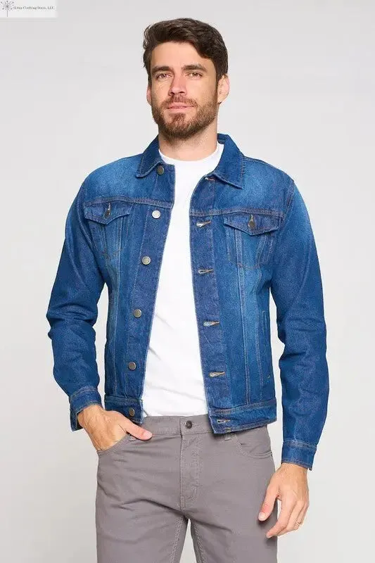 Men's Dark Blue Denim Jacket with Chest Pockets