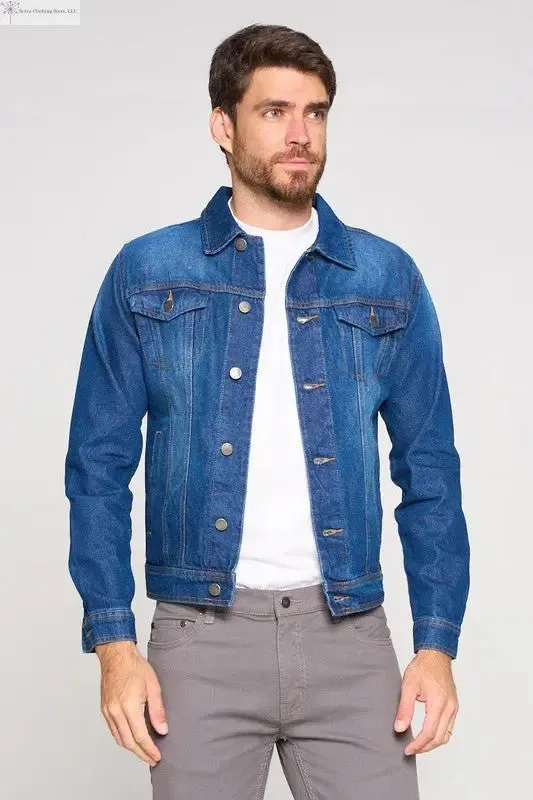 Men's Dark Blue Denim Jacket with Chest Pockets