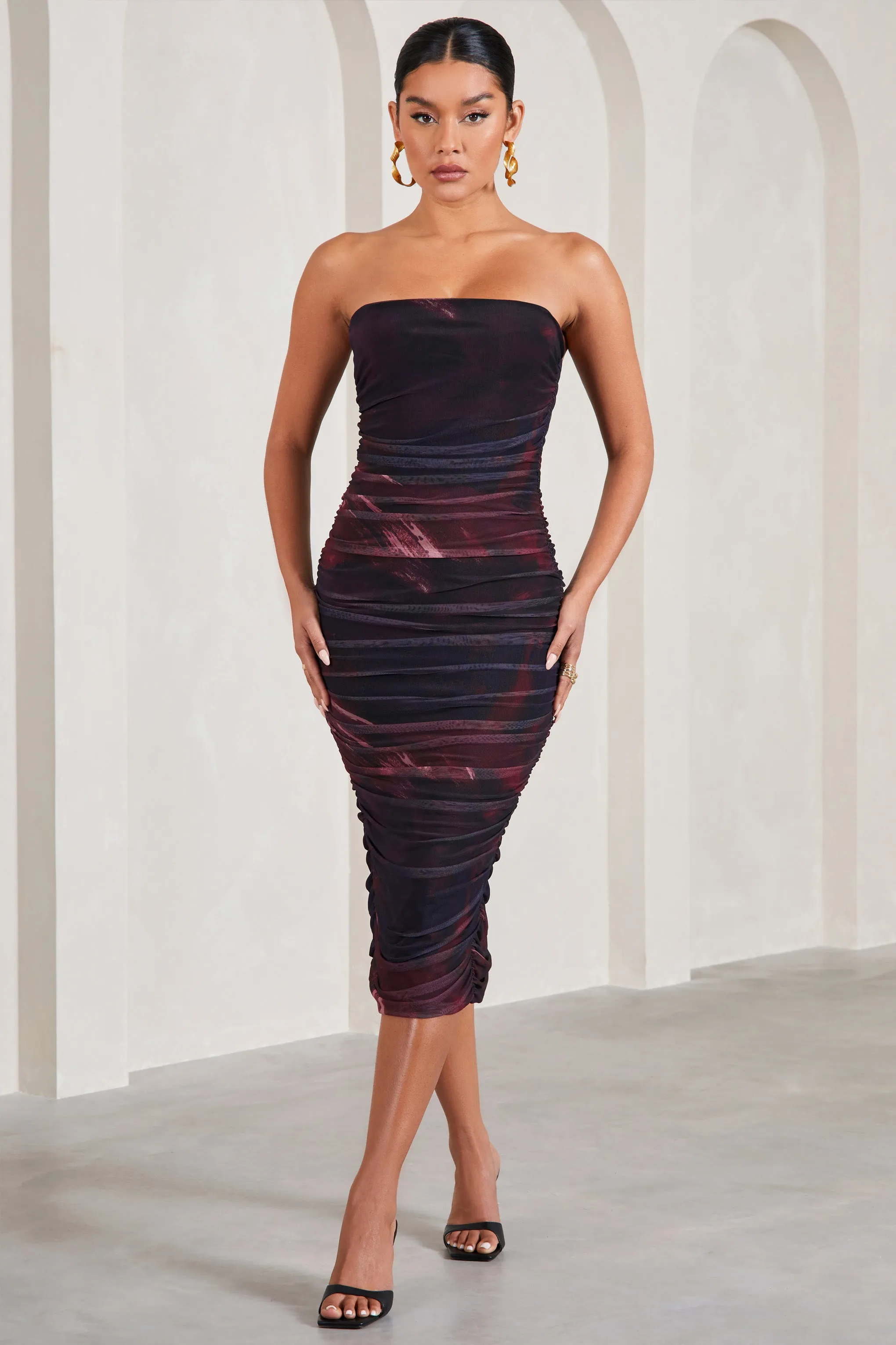 My Girl | Plum Print Strapless Bodycon Ruched Mesh Midi Dress