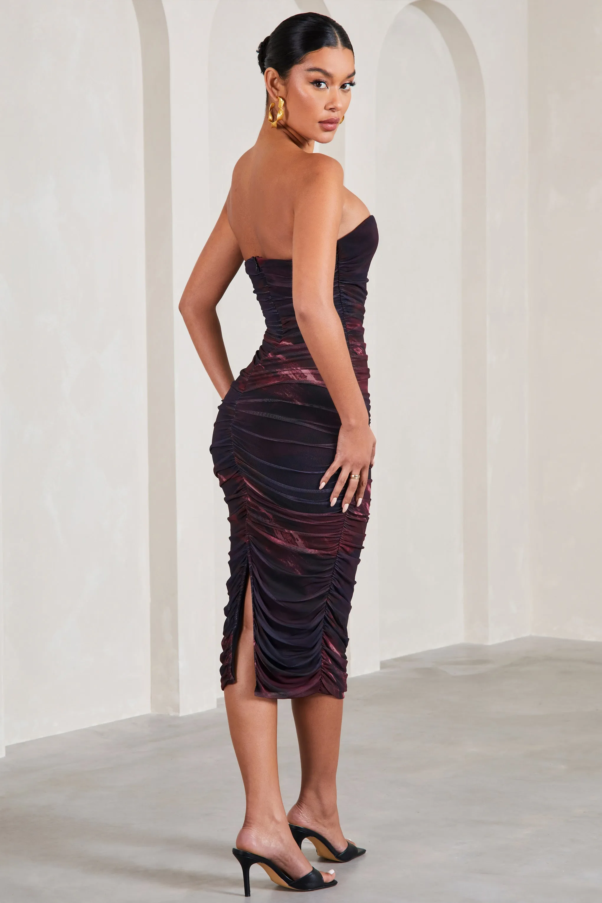 My Girl | Plum Print Strapless Bodycon Ruched Mesh Midi Dress