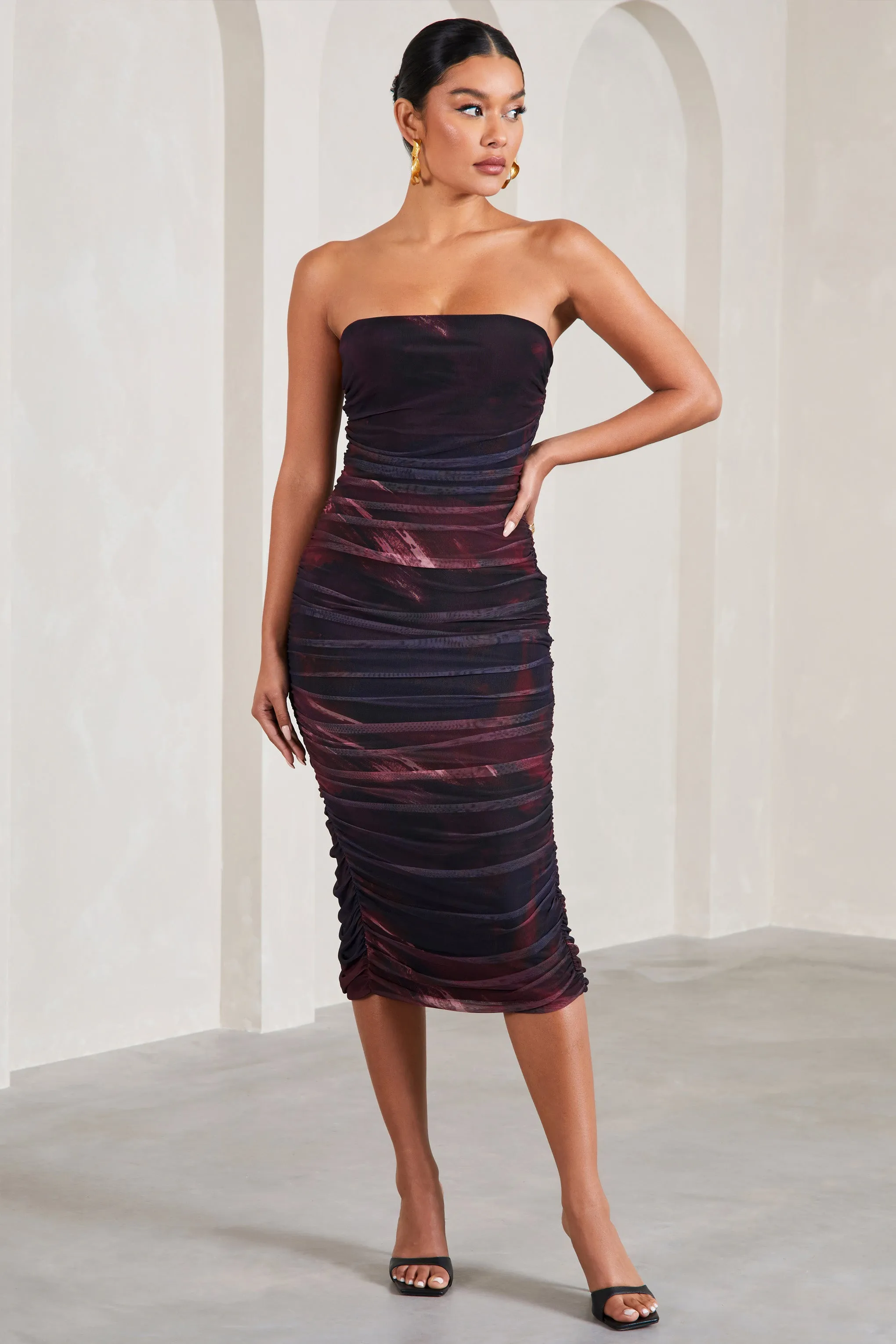 My Girl | Plum Print Strapless Bodycon Ruched Mesh Midi Dress