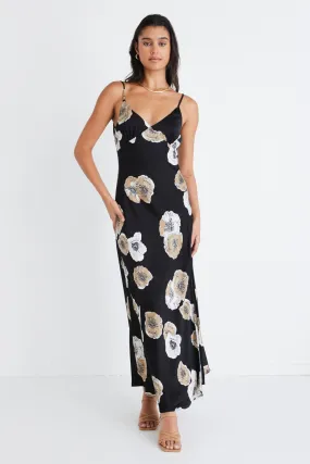 Otherworldly Black Floral Satin Bias Slip Midi Dress