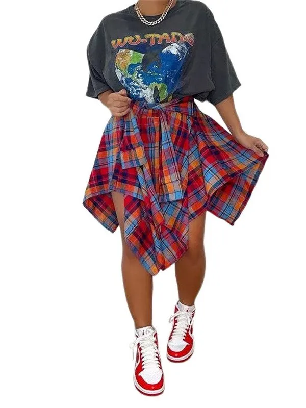 Plaid Lace Up Asymmetrical Faux Shirt Skirt