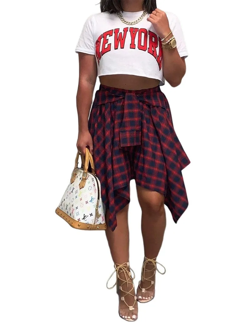 Plaid Lace Up Asymmetrical Faux Shirt Skirt