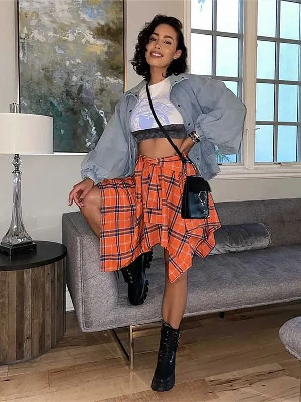 Plaid Lace Up Asymmetrical Faux Shirt Skirt