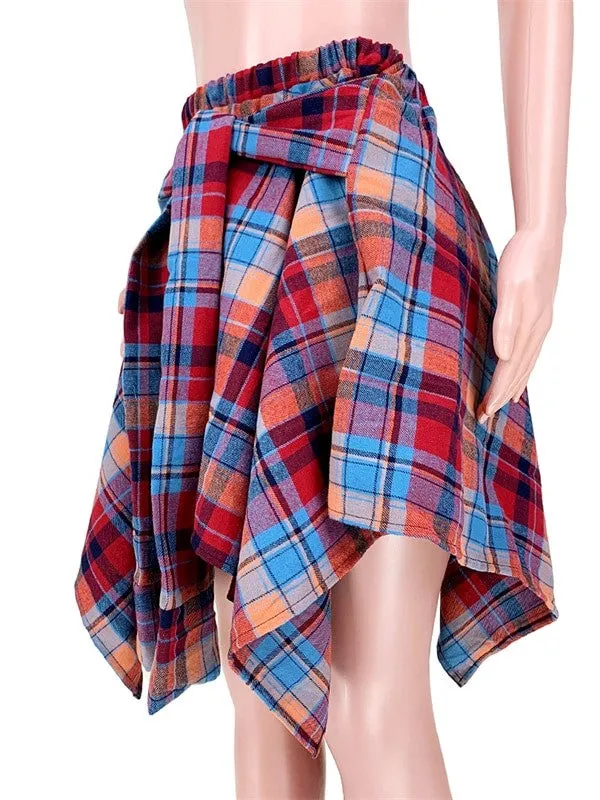 Plaid Lace Up Asymmetrical Faux Shirt Skirt