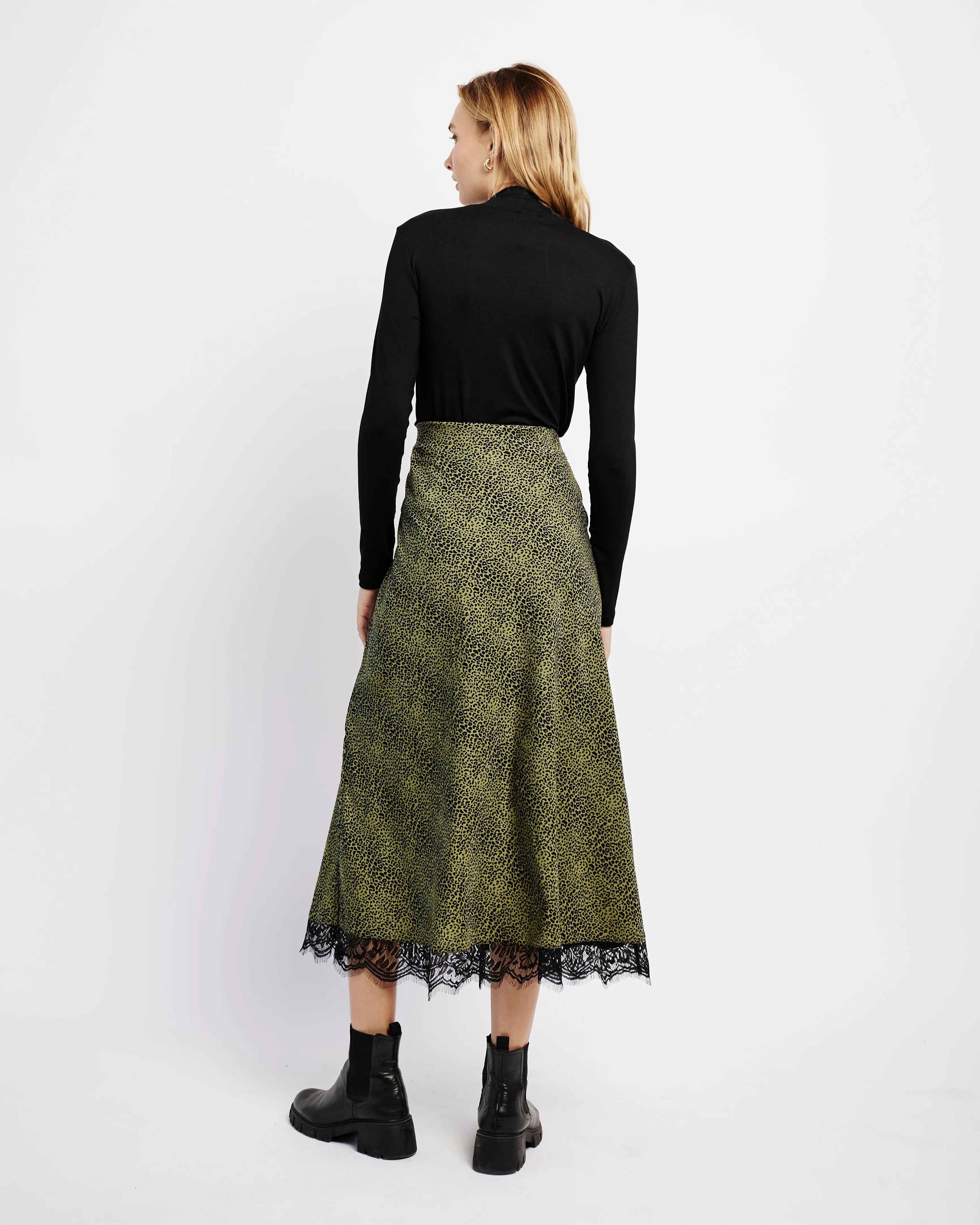 Satin Bias Skirt with Lace in Fatigue Animal