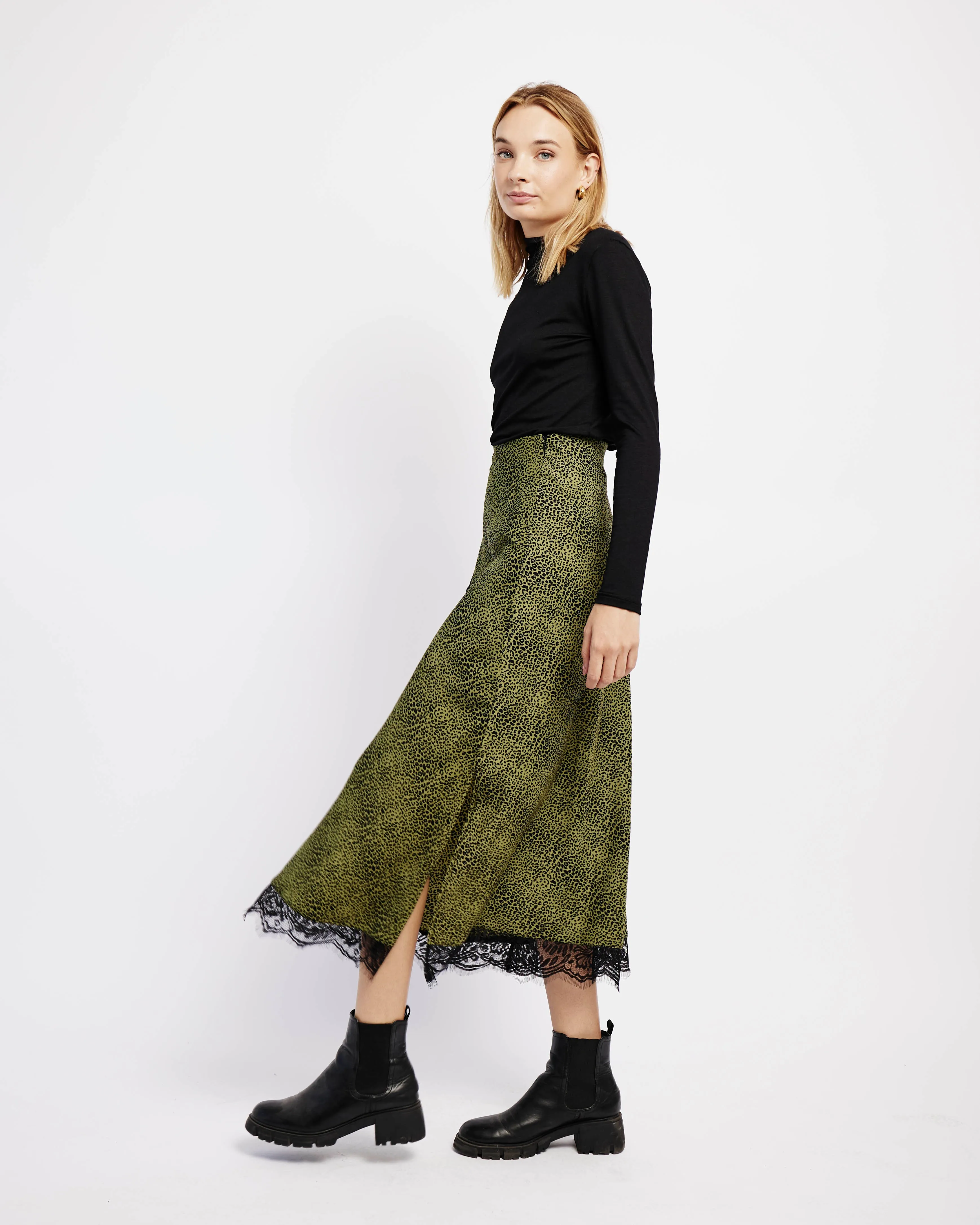 Satin Bias Skirt with Lace in Fatigue Animal