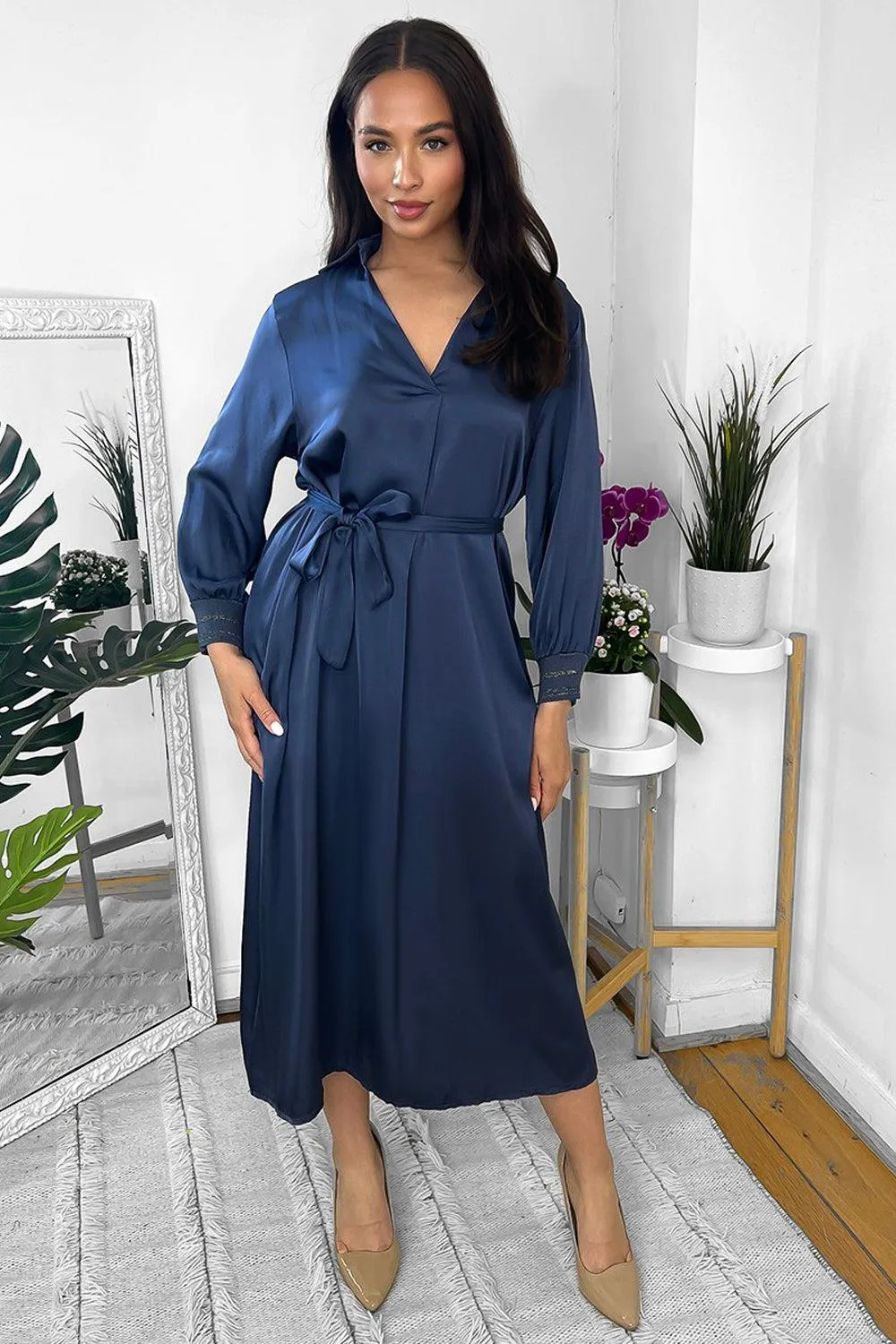 Silk Blend Satin Belted Midi Shirt Dress