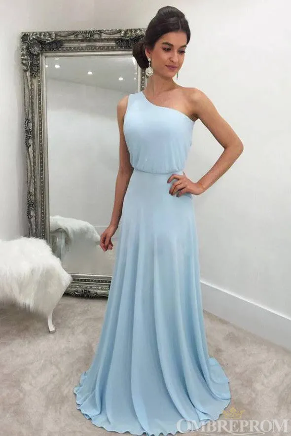 Simple Light Blue Party Dresses One Shoulder Chiffon Prom Dresses