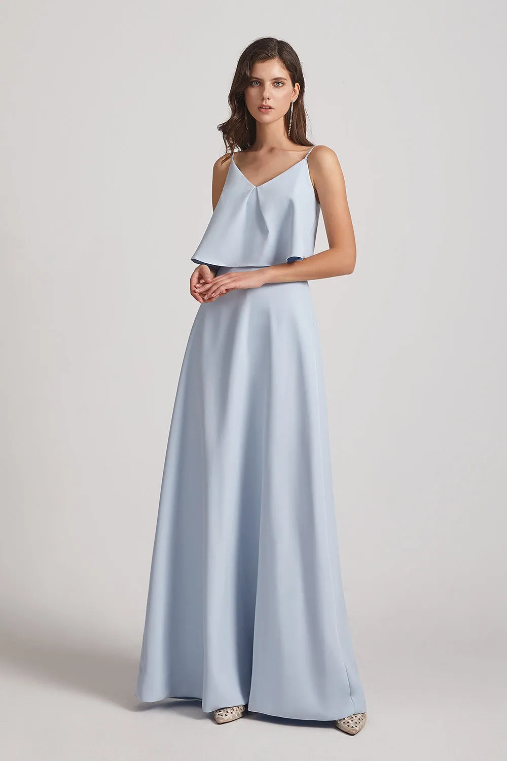 Spaghetti Straps V-Neck Maxi Gown with A-Line Skirt (AF0005)