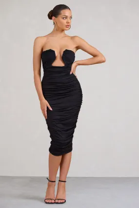 Stately | Black Cut-Out Ruched Bodycon Midi Dress