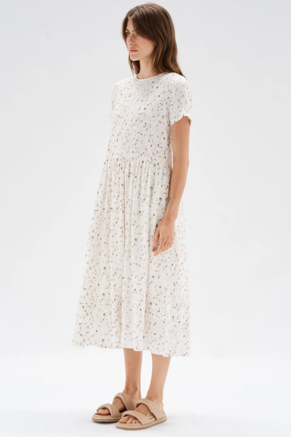 Terrazzo Multi Spot White SS Midi Dress