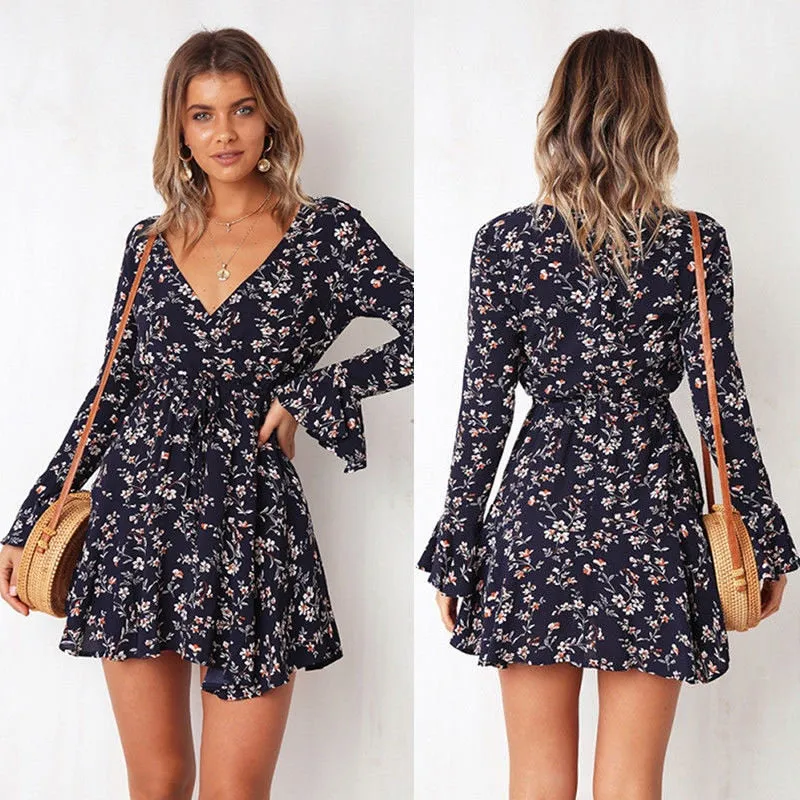 V-Neck Flower Mini Dress