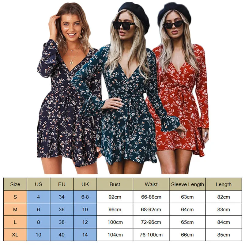 V-Neck Flower Mini Dress