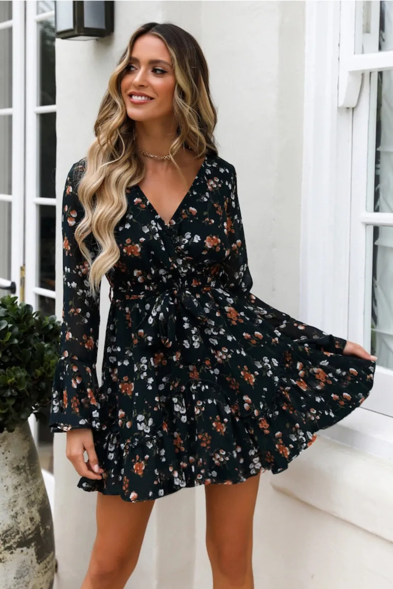 V-Neck Flower Mini Dress