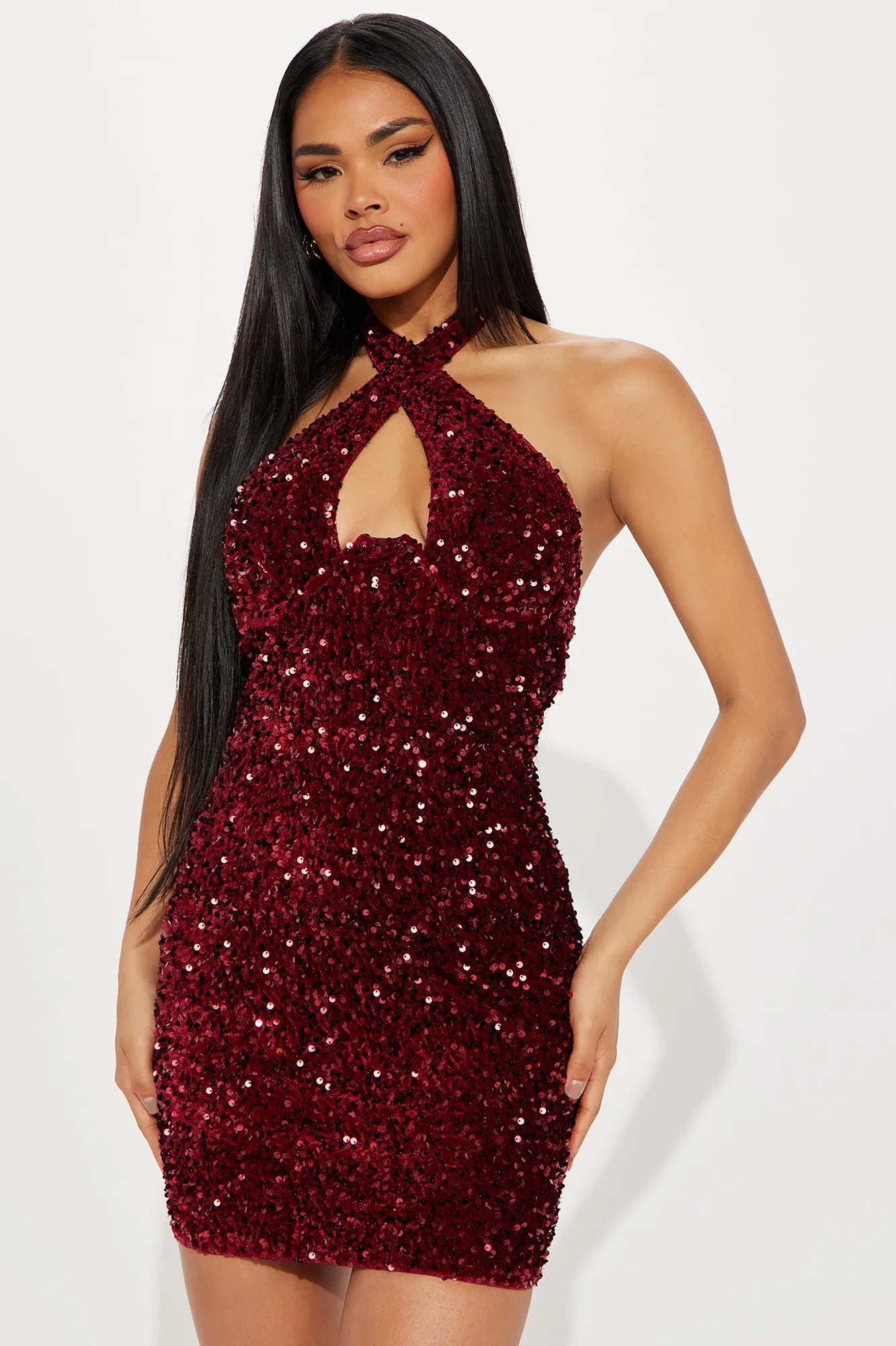 Vera Velvet Sequin Mini Dress - Burgundy