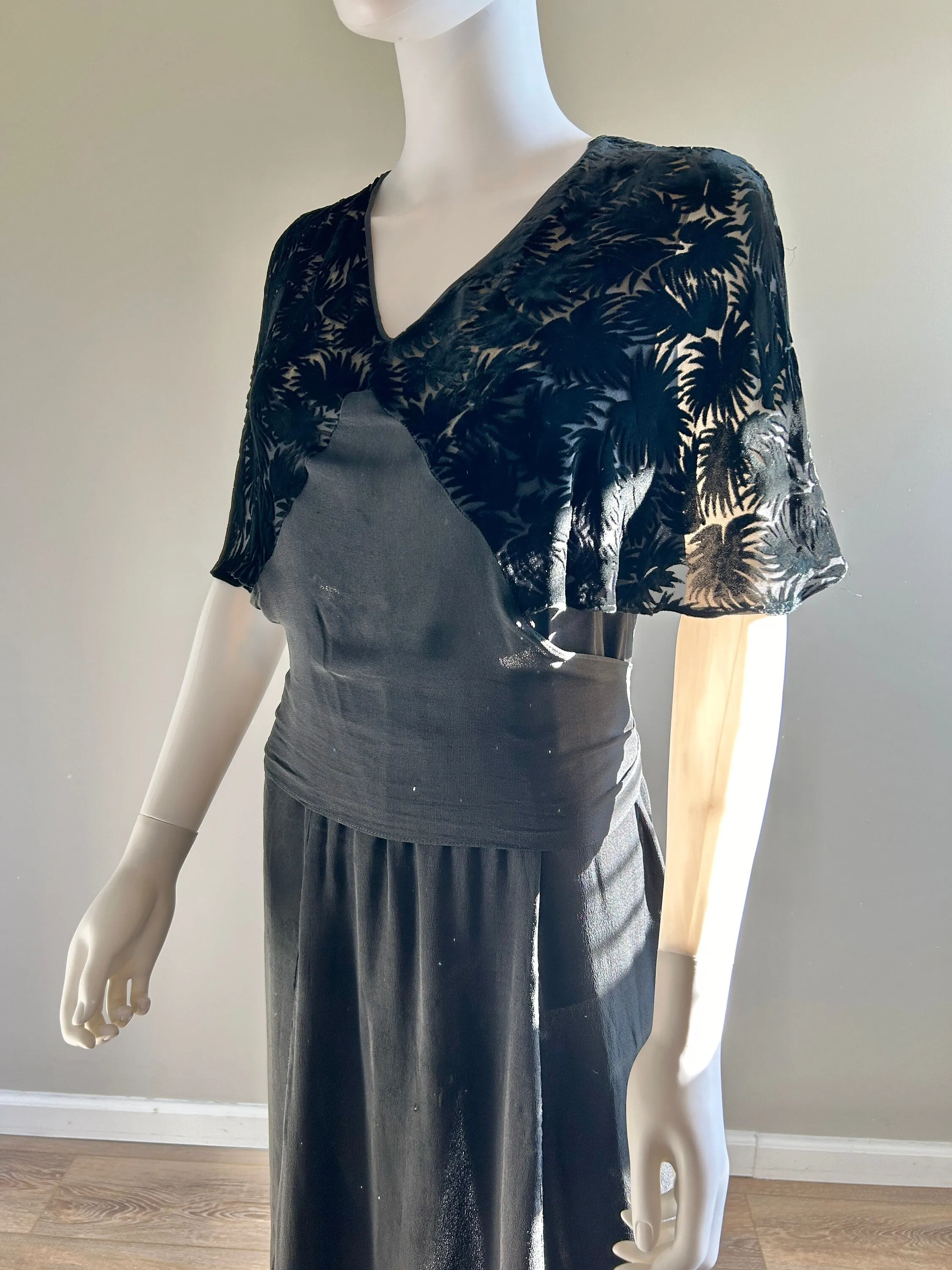 Vintage 1930s Black Rayon Dress with Velvet Caplet / 30s Party Dress / Size L