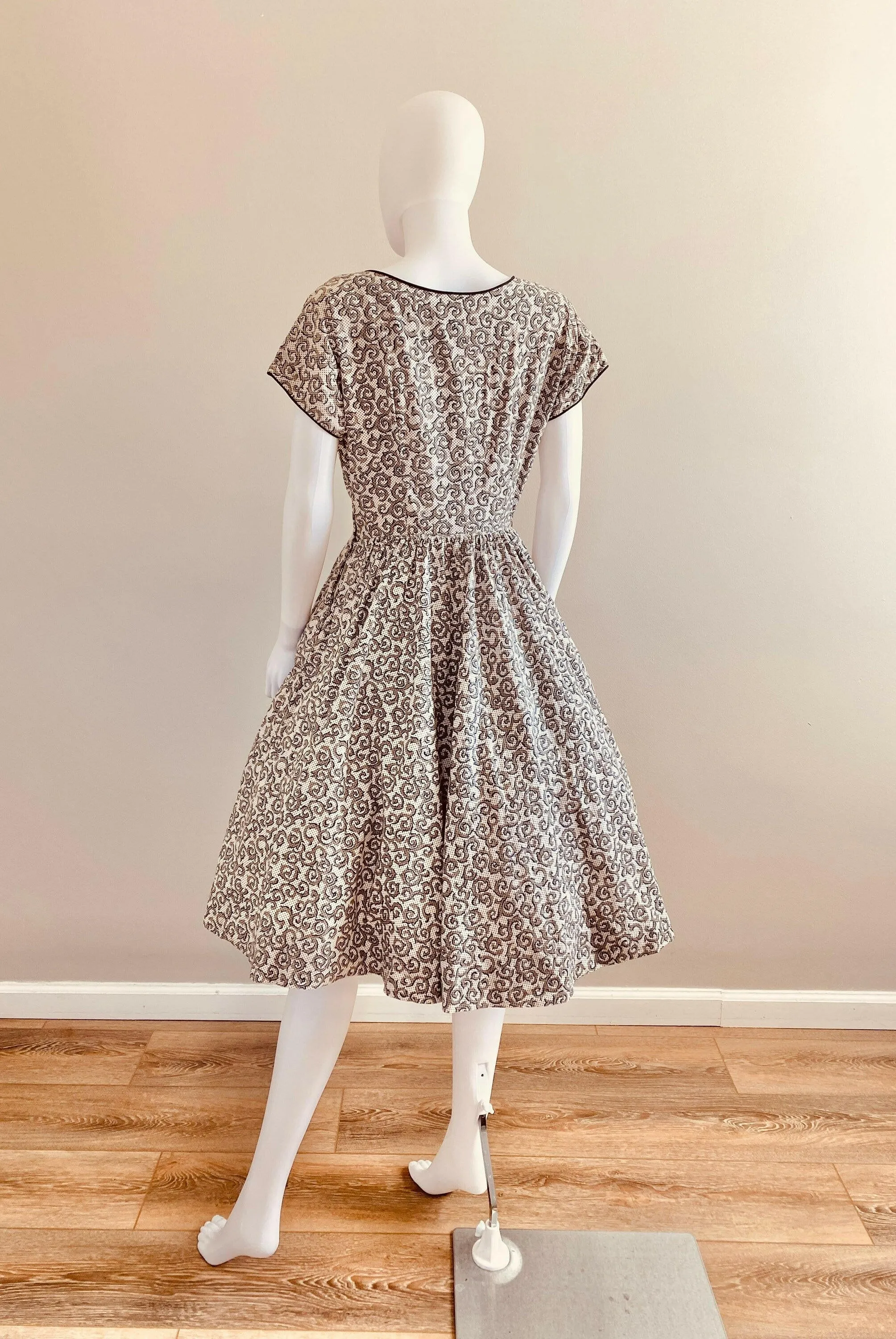 Vintage 1950s Black and White Cotton Day Dress with Rhinestones / 50s retro polka dot fit and flare casual dress with pockets / Size S