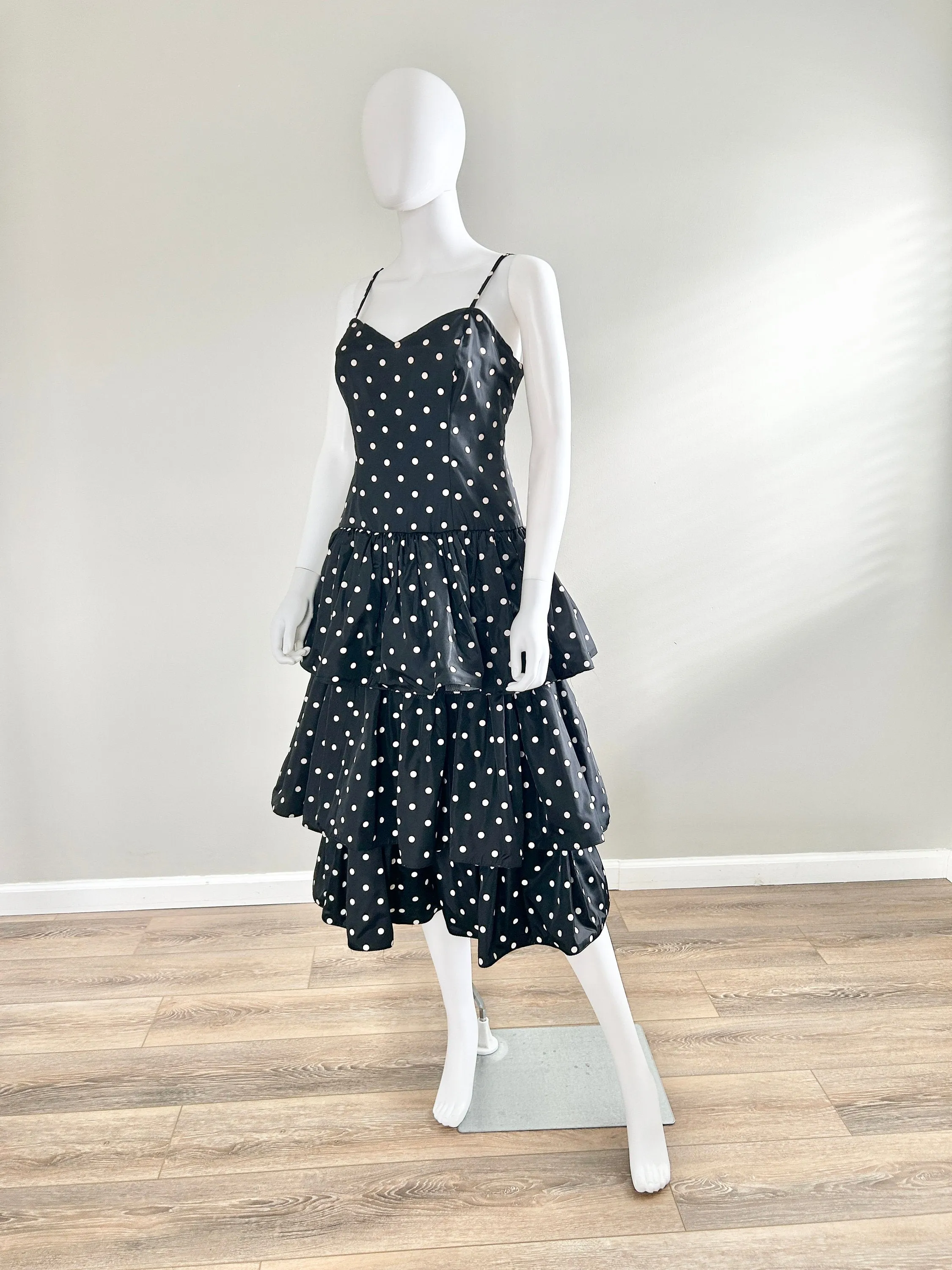 Vintage 1980s Black and White Polka Dot Party Dress / 80s retro taffeta prom dress / Size M