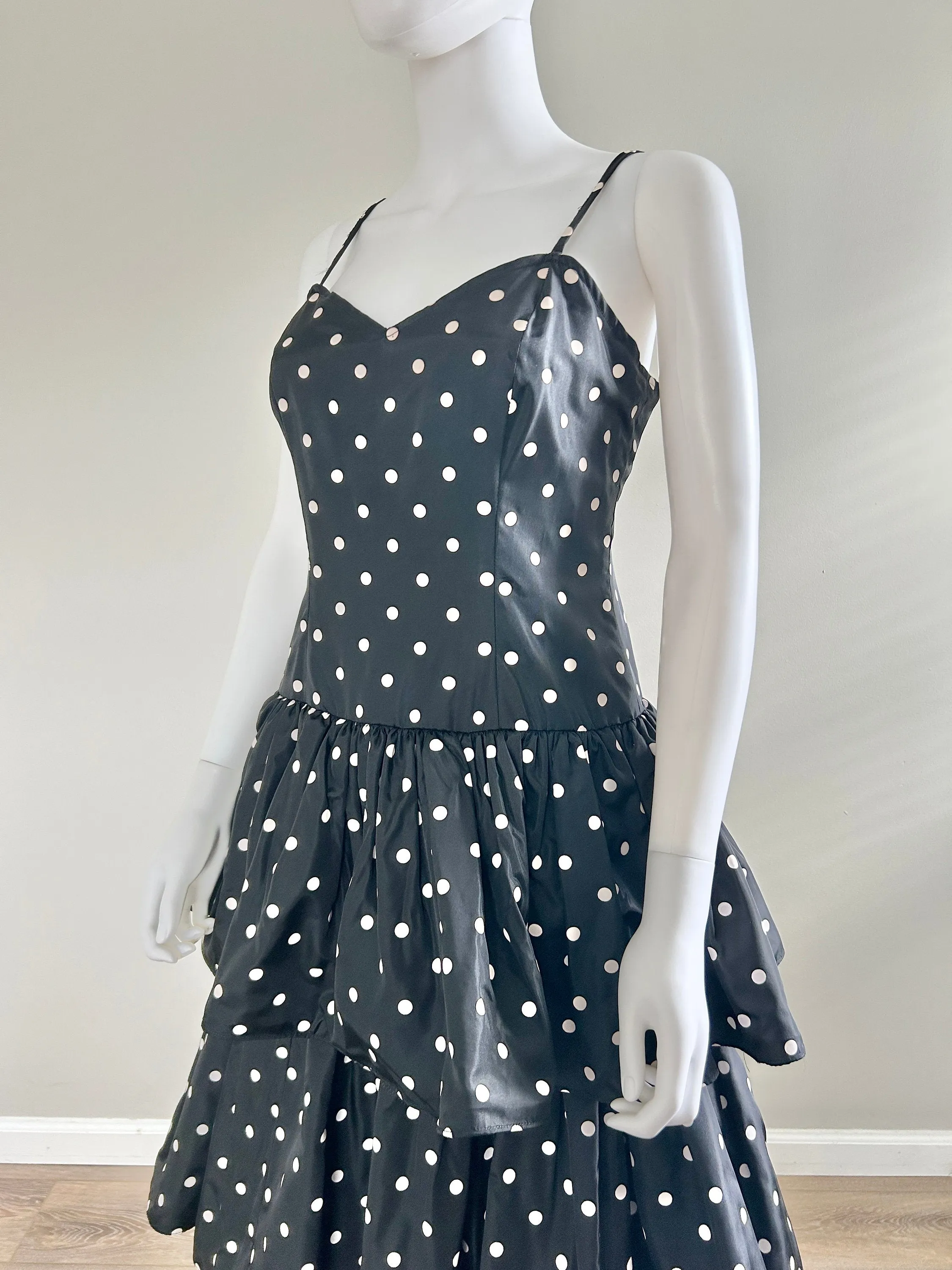 Vintage 1980s Black and White Polka Dot Party Dress / 80s retro taffeta prom dress / Size M