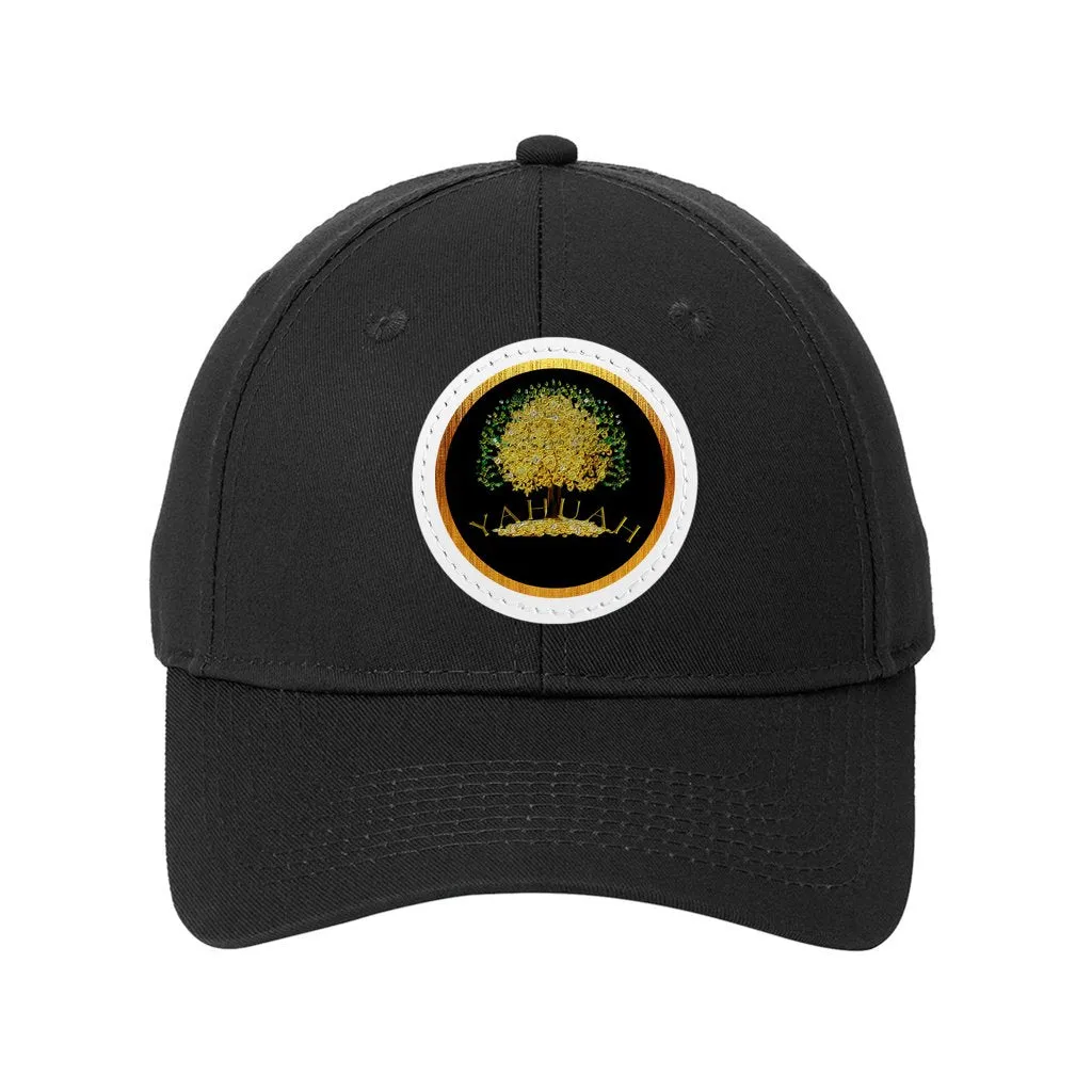 Yahuah-Tree of Life 03-01 Designer Six Panel Twill Baseball Cap with Round Leather Patch (8 hat colors; black/white patch colors)